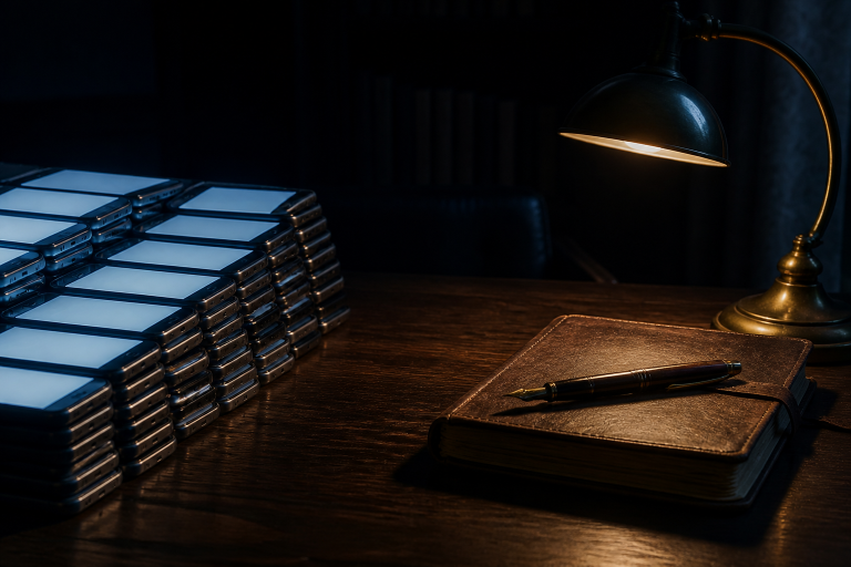 Abundant intelligence versus judgement: identical glowing phones stacked like a commodity, beside a notebook and pen.