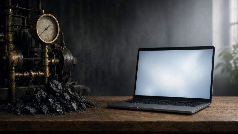 Jevons paradox mood: coal and brass steam machinery beside a glowing blank laptop on a wooden workbench.