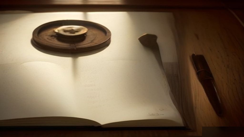 Open blank journal on a wooden desk in warm directional light — contemplative still life for self-knowledge.