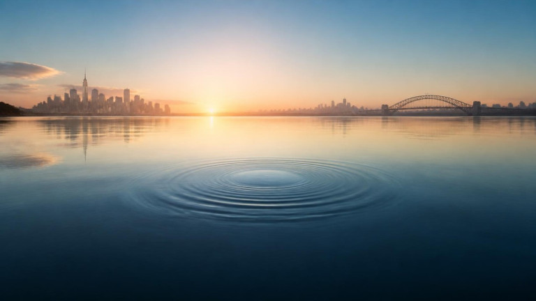 Wide pond connecting New York and Sydney skylines at dawn