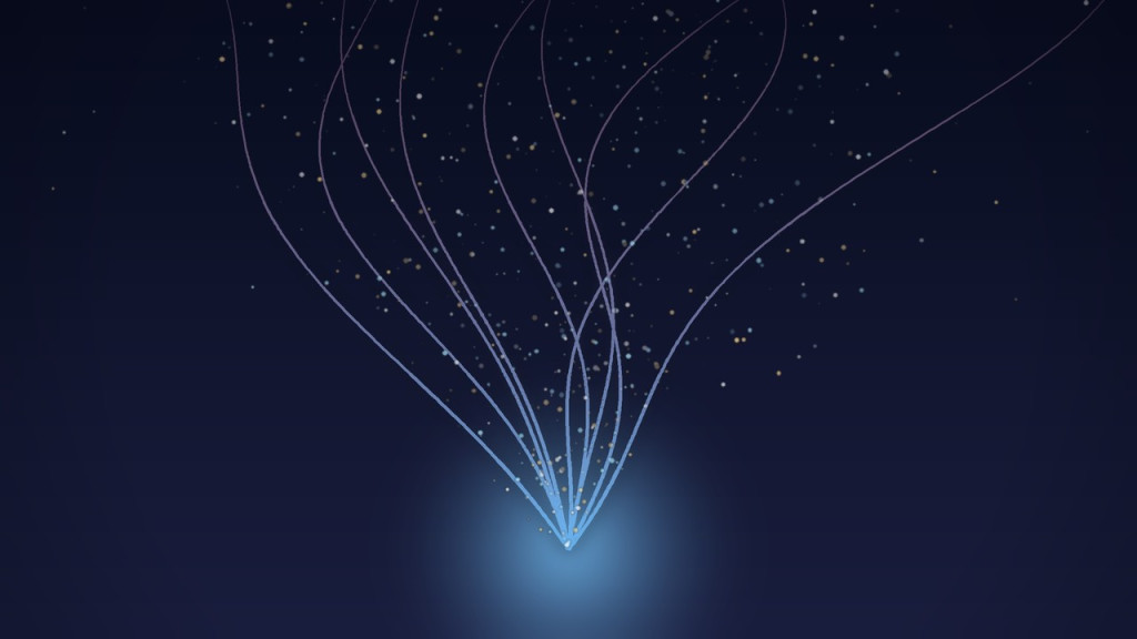 Abstract streams of blue light and glowing particles rising from a single bright point against a dark navy background