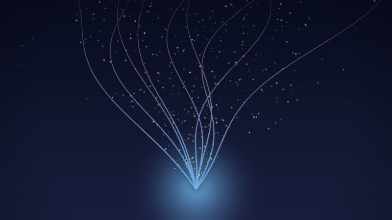 Abstract streams of blue light and glowing particles rising from a single bright point against a dark navy background