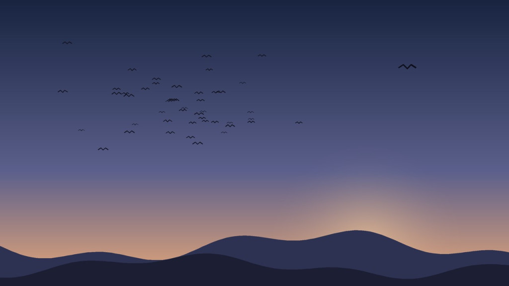 A lone bird flies apart from a large flock across a dusk sky above dark hills