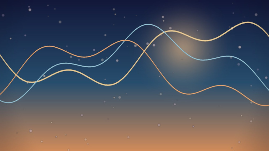 Abstract art suggesting chance and luck — intersecting golden paths over a deep indigo-to-amber sky