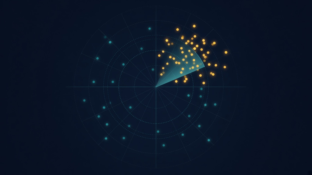 Radar-style chart with golden dots clustered in the upper-right quadrant